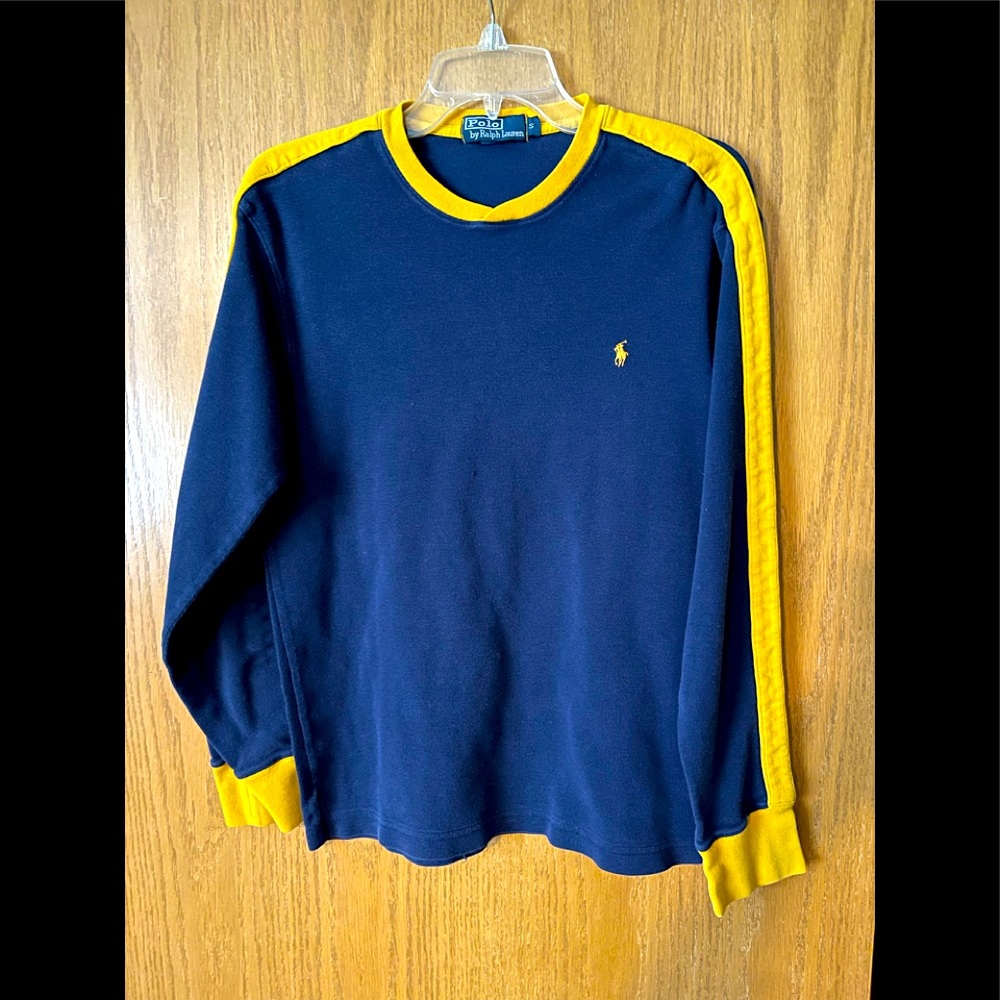 Blue, long sleeved, cotton knit shirt
